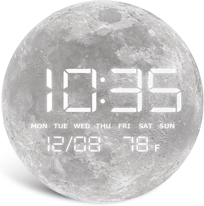 HOMLOVE Digital Desk Clock with Large LED Display, Moon Modern Date Temperature Clock [TYPC-in] for Shelf, Table, Mantel or Bedside, (Moon, 7.87 INCH)