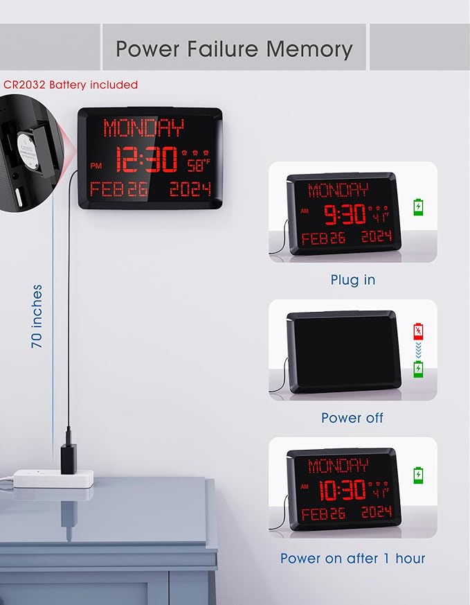 Digital Clock Large Display 11.5", Calendar Clock with Date,Time,Day of Week,Temperature,2 USB Chargers,3 Alarms,5Dimmer& 12/24H,Wall clock/Desk clock for Seniors,Dementia,Memory Loss,Impaired Vision