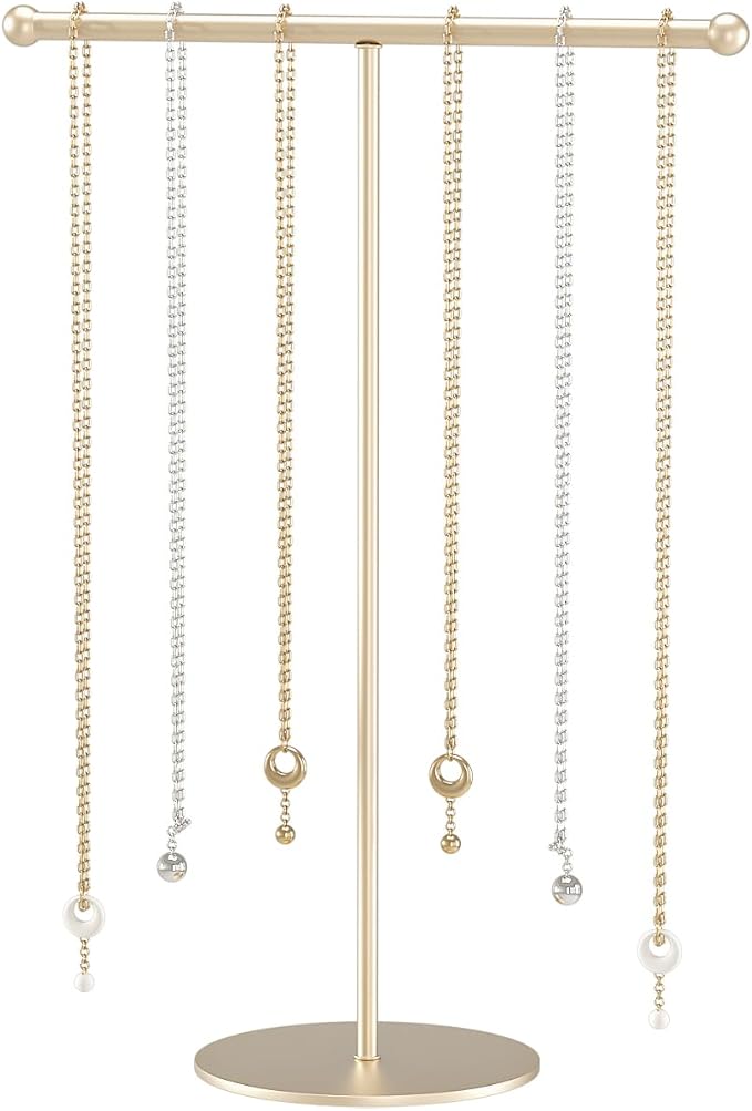 Justsoso Metal T-Bar Necklace Holder Stand, Necklace Hanging Display Stand, Tabletop Jewelry Organizer Stand for Necklace Bracelet Earring Display (Gold With Metal Base)
