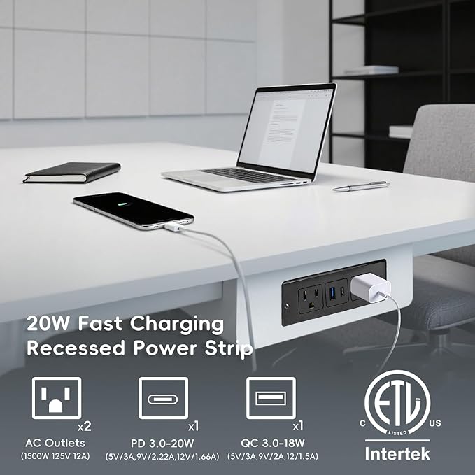 2 Pack 20W Recessed Power Strips USB, 2 AC + 1 USB-C + 1 USB-A, 6ft Cord, Space Saving Furniture Outlets for Desk/Bedside/Drawer (18W USB-A & 20W USB-C Fast Charge)
