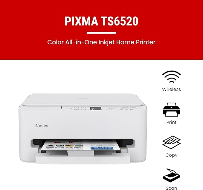 Canon PIXMA TS6520 Wireless Color Inkjet Printer for Duplex Printing, White – Home Printer with Copier/Scanner, 1.42” OLED Display, Intuitive Control Panel, Compact Design