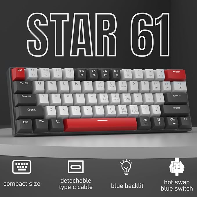 Camiysn 60% Mechanical Gaming Keyboard,Mixed Color Keycaps Gaming Keyboard with Clicky Blue Switches, Detachable Type-C Cable Mini Keyboard with Blue LED Light for/PC/Laptop