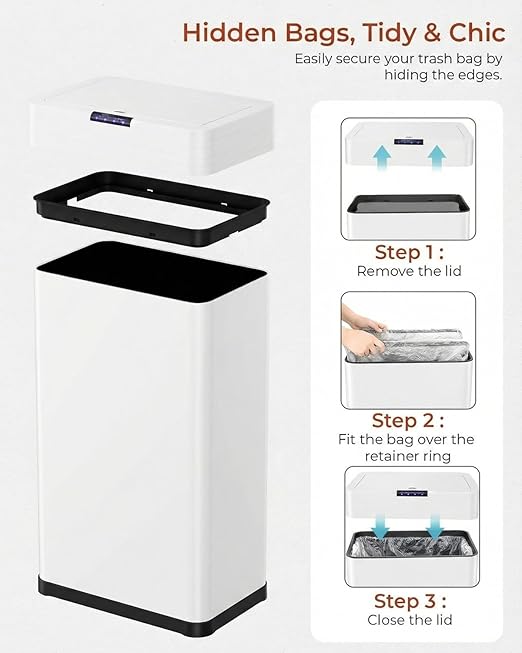 TLSUNNY 21.1 Gallon Motion Sensor Trash Can,Touchless Automatic Garbage Can,Brushed Stainless Steel Smart Bin,with Bag Holder,Soft Close Lid,for Kitchen,Office,RV,Bedroom,Living Room (White, 80L)