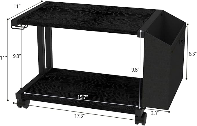 VEDECASA 2 Tier Black Printer Stand with Storage Bag for Home Office Desktop Printer Table Underdesk Organizer Mobile Printer Shelf with Caster Wheel (Black)