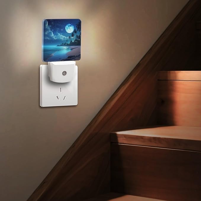 YKJAHSD Moon Beach Night Light, Plug into Wall Decor Nightlights for Bedroom, Bathroom, Hallway, Kitchen, with Dusk to Dawn Light Auto Sensors LED Night Lights for Boys Girls Women Men Room Gifts