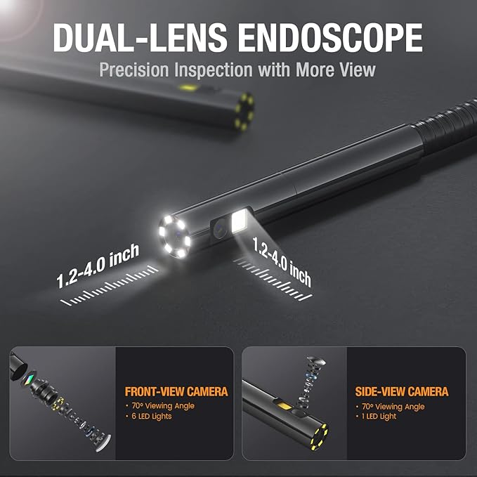 Dual Lens Endoscope with 5" Monitor, Teslong NTS500 Industrial Waterproof Borescope Inspection Camera with 0.21in Front & Side-View Double Lens with 9.8FT Probe, 5-Inch IPS LCD Screen & Case