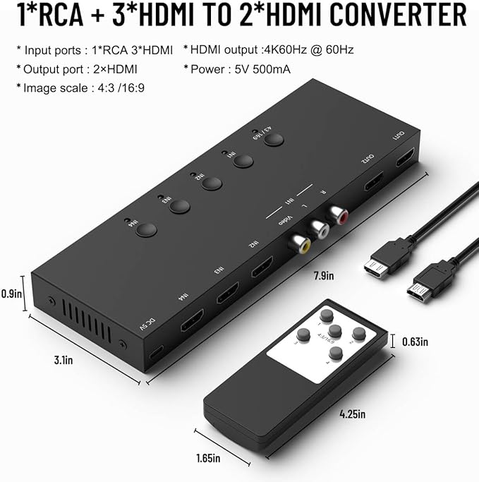 Dingsun 3 Way HDMI 2.0+ RCA to 2 Way HDMI Converter for Fire Stick，ROKU, N64, NGC, Wii, PS2/3/4/5, Xbox Series, Xbox ONE, Switch ect.(4In to 2Out)