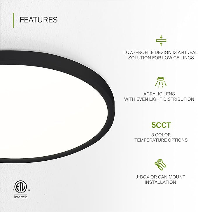ASD LED 12" Round Flush Mount Ceiling Light Fixture, Low Profile Surface Lighting | 5CCT, Dimmable, Ultra-Thin, ETL Listed | 24W 1900LM 2700-6000K 120V | Kitchen, Bedroom, Hallway Lamp | Black