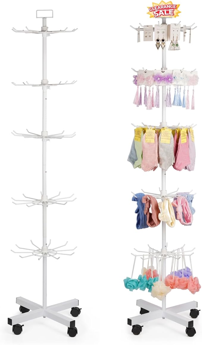 Exttlliy 5-Tier Metal Spinning Display Stand Rack with Wheels, Keychain Jewelry Stocking Hat Display Stand, White