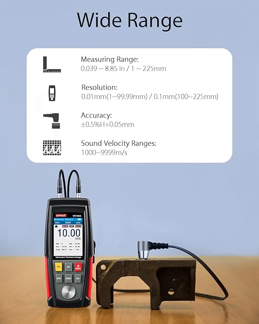 Wintact Digital Ultrasonic Thickness Gauge, Range 0.039 to 11.81 in with Probe for Measuring Metal and Nonmetal Materials, Steel, Cylinder Wall, Plastic, Glass, PVC, Pipes (WT100A)
