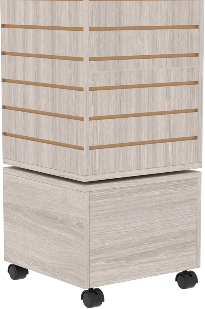 16" W * 16" D * 62" H - Slatwall Tower, Four Panel Slatwall Retail Fixture, Rotating Retail Display Rack (Gray Wood Grain)