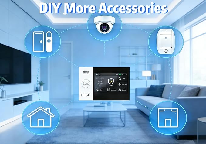 WiFi Wireless Alarm System for Home Security - 24/7 Protection Smart Home Devices 4.3" Touch Screen, GSM/4G+WiFi, App Instant Alerts, No Monthly Fee, Alexa Compatible for House Apartment Office(8Pcs)