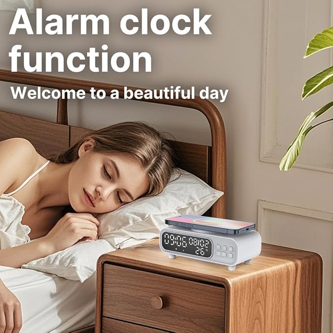 IHAO 5in1 Alarm Clock with Wireless Charging Night Light 15W Fast Charger for Phone and Headphone, LED Digital Display with Date & Temperature, Dimmable for Bedroom & Office-D15 Clock White