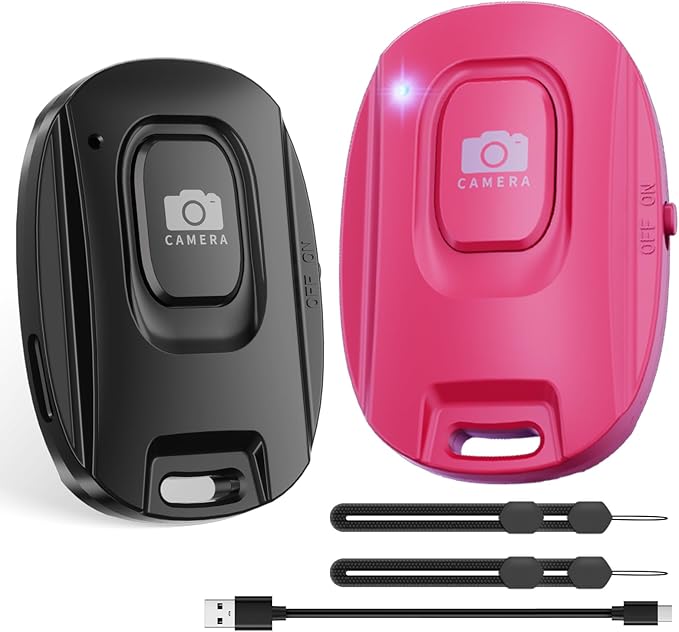 Bluetooth Camera Remote Shutter for iPhone and Android Smartphones, Rechargeable Wireless Phone Remote Control,Selfie Button for Photos and Videos, Charging Cable Included (2 Pack) Black&Pink