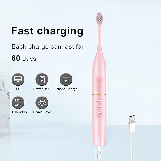 kingheroes Electric Toothbrush Set, Comes with 8 Brush Heads & Travel Case,4 Modes with 2 Minutes Built in Smart Timer, One Charge for 60 Days, 42000 VPM Motor (Pink)