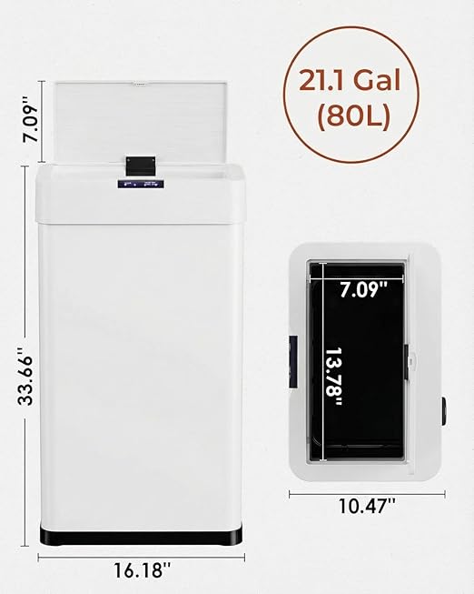 TLSUNNY 21.1 Gallon Motion Sensor Trash Can,Touchless Automatic Garbage Can,Brushed Stainless Steel Smart Bin,with Bag Holder,Soft Close Lid,for Kitchen,Office,RV,Bedroom,Living Room (White, 80L)