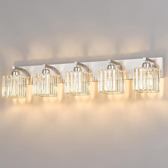 FDPBY Modern Vanity Light 5-Lights Brushed Nickel Vanity Light Crystal Bathroom Wall Light Bathroom Light Fixtures