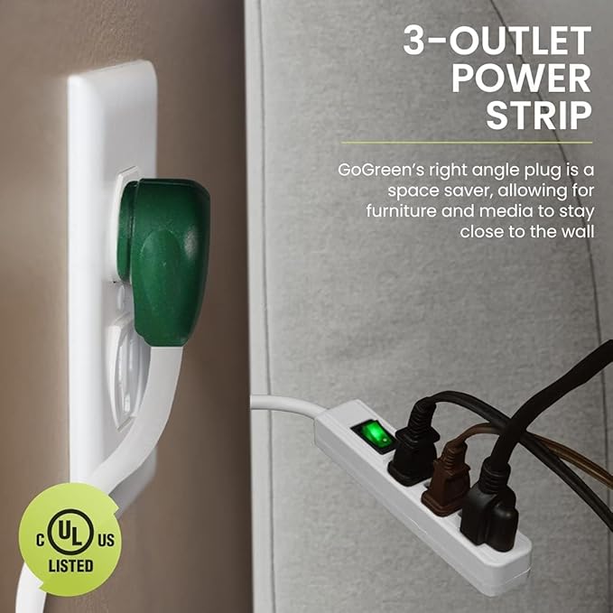 GoGreen Power Inc. (G-13002MS-2) 3 Outlet Power Strip, 2.5FT Cord, White, 2 Pack