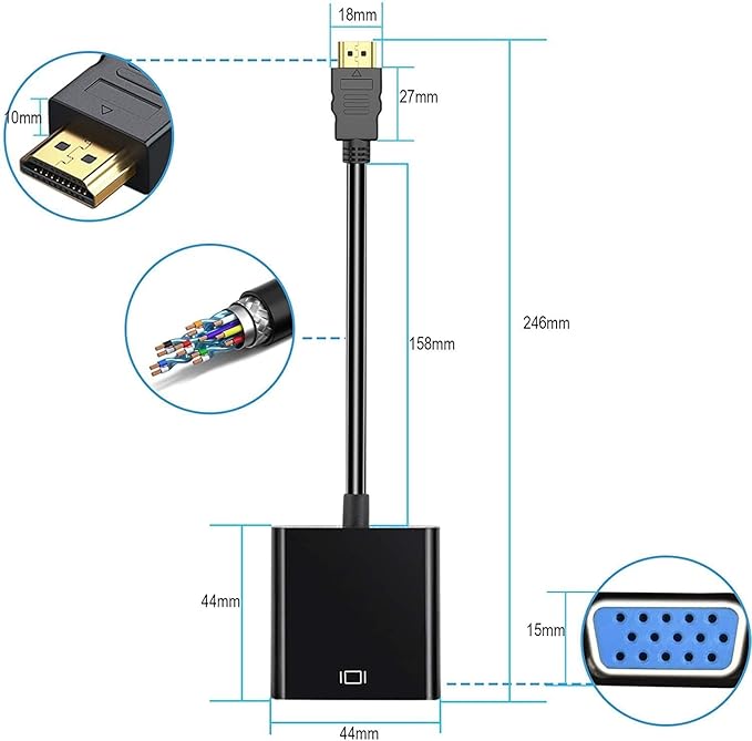 HDMI to VGA Adapter, Gold-Plated HDMI to VGA Converter (Male to Female), HDMI Adapter Compatible for Computer, Laptop, PC, Monitor, Projector, HDTV, Chromebook, Raspberry Pi, Xbox and More