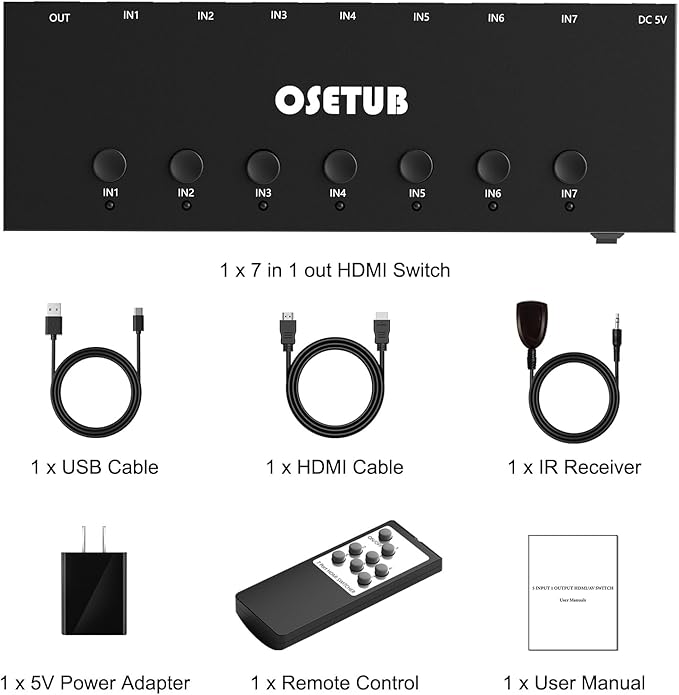 HDMI Switch 7 in 1 Out 4K@60Hz, 7 Port HDMI Switcher Selector Support HDR & HDCP 2.2 & Full 3D Compitable with Nintendo Switch,Xbox PS5/4,Fire Stick,Roku,Apple TV for Gaming & Home Entertainment