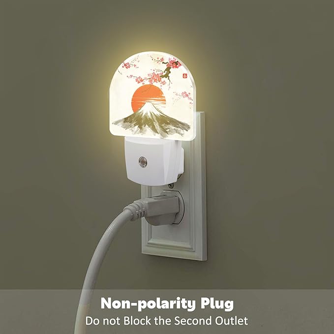 sndheke Cherry Blossoms Sun and Mountain Night Light Plug into Wall, Watercolor Ink Painting Dusk to Dawn Night Light,0.5w Energy Saving Friendly Nightlights for Kids Boys Girls Home