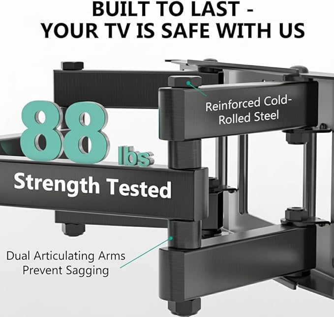 WALI Full Motion TV Wall Mount for 32–70 Inch TVs – Dual Articulating Mount with Swivel, Tilt & Extension | VESA up to 400x400mm | Fits 12/16" Wood Studs | Holds Up to 88 lbs