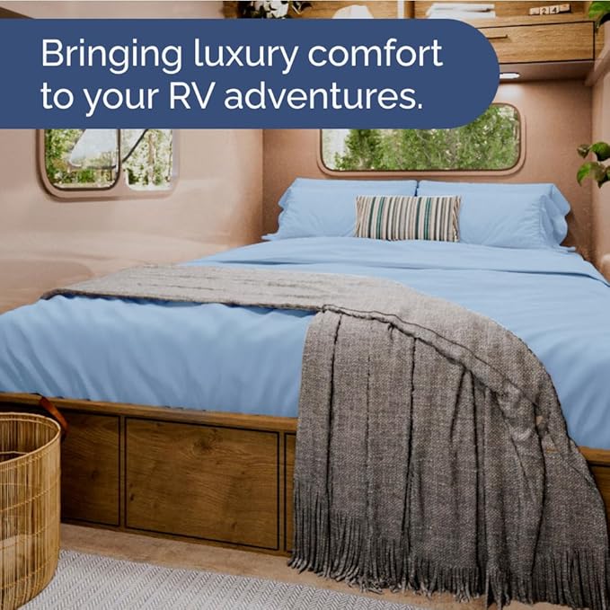 RV Short Queen Sheet Set 60 X 75 - 4 Piece RV Short Queen Bed Sheets - Soft, Breathable & Cooling - Designed for Bunks, Trailers & Campers - Fits 8” to 12" Mattress - Hotel Luxury Bedding - Light Blue