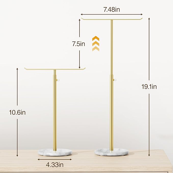 Josmimic Gold Necklace Holder Jewelry Organizer Stand – Adjustable Height T‑Bar Jewelry Display with White Marble Base, Necklace & Bracelet Holder, Countertop Jewelry Stand