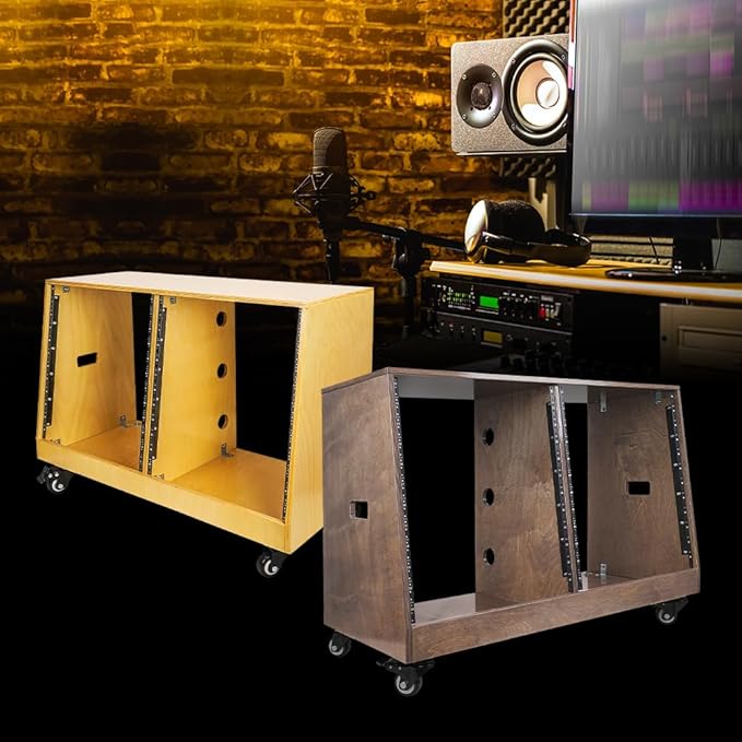Sound Town DIY 2 x 12U Slanted Studio Rack with Solid Baltic Birch Plywood, Casters, weathered brown for Recording Room, Home Studio (SDRK-D12TB)