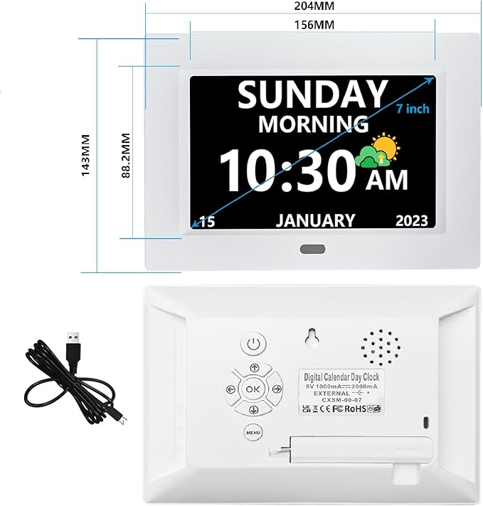 MRCHYDZ 7 Inch Clock with Day and Date for Elderly Large Display Digital Clocks 12 Alarm 3 Display Modes Large Font Alzheimer's Clock Alarm Clocks for Seniors Auto DST White