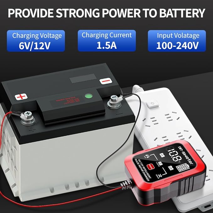 1.5A 6V/12V Smart Battery Charger – Automatic Maintainer, Trickle Charger & Desulfator with Overcharge Protection & Temperature Compensation – for Lead-Acid Batteries
