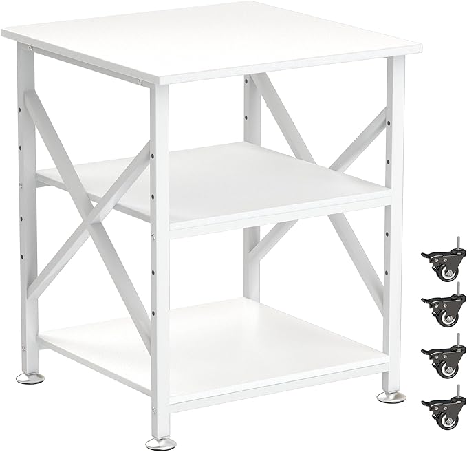 Printer Stand, 23.6 x 23.6 Inches Large Printer Stand with Adjustable Storage Shelf, 3 Tier Printer Table for Home Office, Rolling Printer Cart with Industrial Wheels, Mini Fridge Stand Table, White