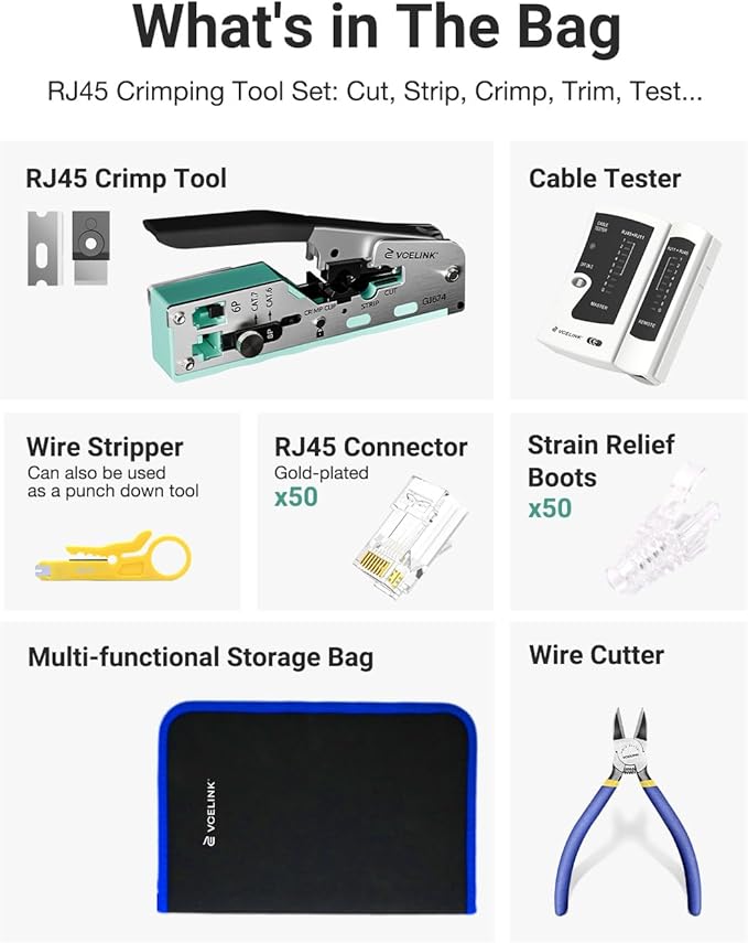 VCELINK RJ45 Crimp Tool Kit for CAT7/6A/6/5E/5, Upgraded Network Tool Set - Image 2