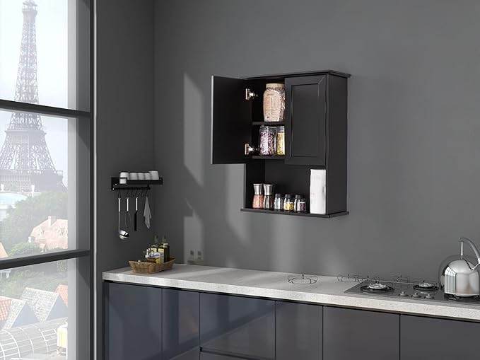 Black Bathroom Wall Cabinet 23x29 inch Wooden Bathroom Medicine Cabinet with 2 Doors and Adjustable Shelf, Wall Mounted Cabinet Over Toilet Storage Cabinet | 2 Doors, Adjustable Shelf, Wall Mounted, Over Toilet Storage