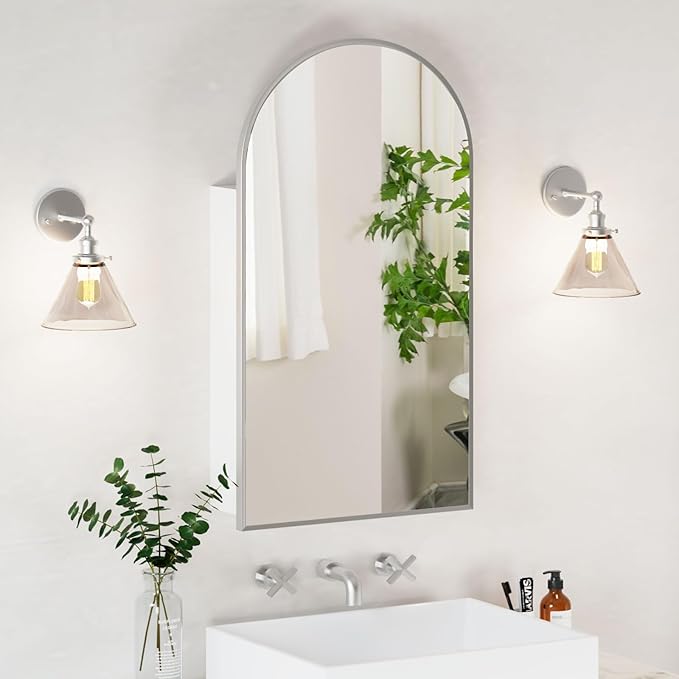 Arched Medicine Cabinets with Mirror,Medicine Cabinet for Bathroom, Arch Medicine Cabinet with Storage,Brushed Nickel Mirror Cabinet,Wall Mounted Only,20x36Inch