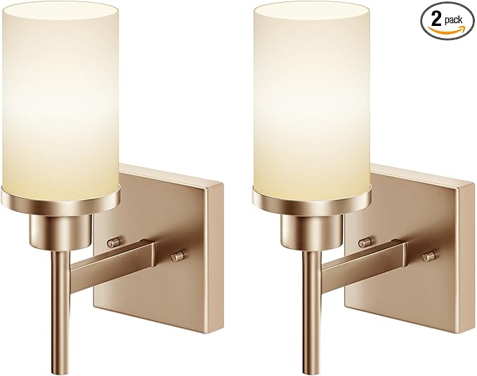 AONEON Vanity Lighting Fixtures with White Frosted Glass Shade, Champagne Bronze Wall Lamps for Bathroom Mirror Bedroom Living Room Porch, 2 Pack T001CPG-L1-P2