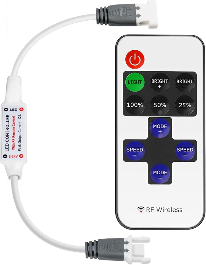 RF Mini Wireless Remote Controller for Single Color 3528 5050 LED Strip Lights, Wireless Remote Control with 2Pin JST Connector, RF LED Strip Light Dimmer