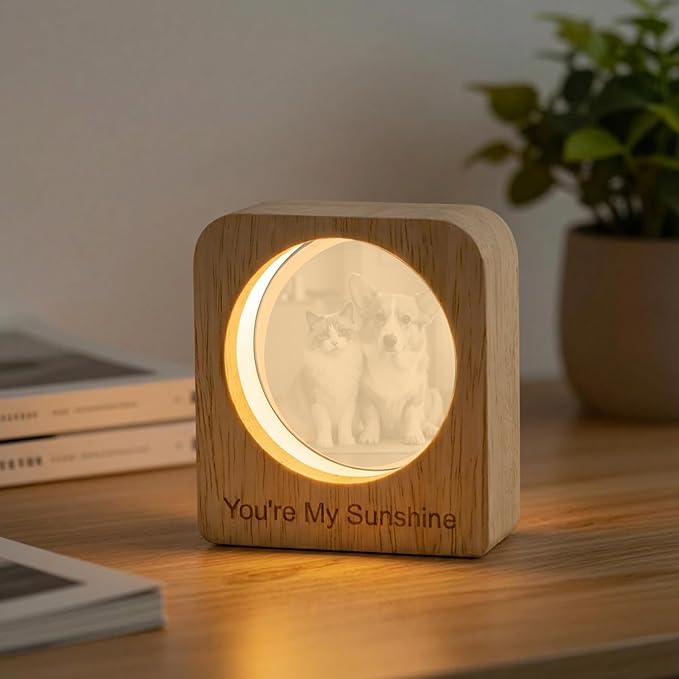 Yijhpbc Custom 3D Crystal Photo Night Light Personalized Photo Crystal Ball Engraved Picture Lamp with Wood Base Memorial Gift for Pets Family Couple Birthday Valentine's Day (Style 1)