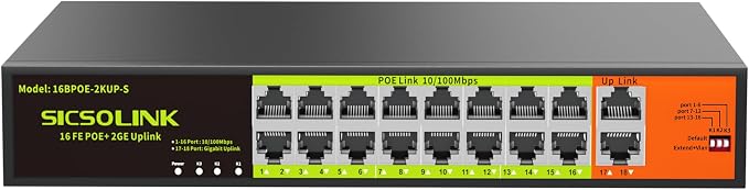 16 Port PoE Switch with 2 Gigabit Uplink, 250W Rack Mount Ethernet Switch by SICSOLINK
