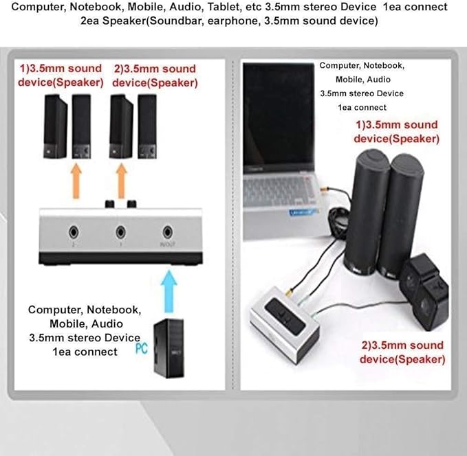 NETMATE 3-Port 3.5mm Stereo Audio Switch, 3.5mm+RCA Audio Switcher 2 Input 1 Output/Audio Splitter Bidirectional Audio Switch with Volume Control Switch Knob for Speaker Headphone
