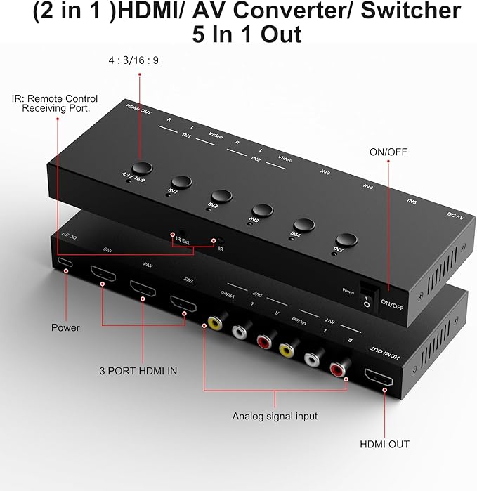 Dingsun 3 Way HDMI 2.0 to HDMI Switcher + 2 Way RCA to HDMI Converter for Fire Stick，ROKU, N64, NGC, Wii, PS2/3/4/5, Xbox Series, Xbox ONE, Switch ect.