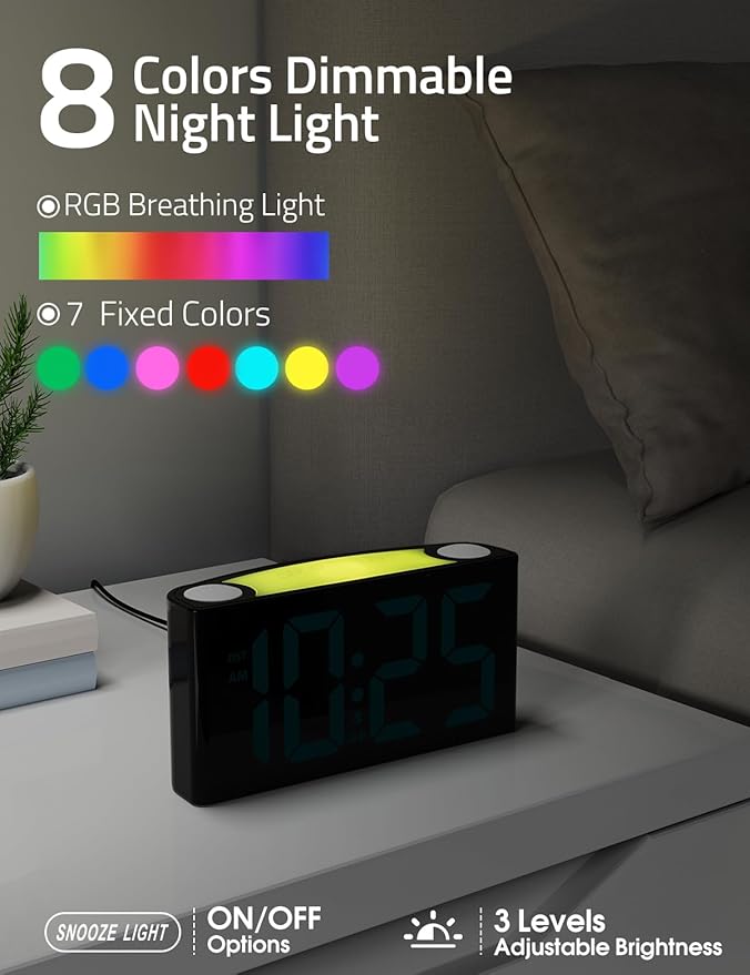 Mesqool Wake Up on Time: Vibrating Alarm Clock with Bed Shaker, Loud Sound & Color Display – USB Charging, 8-Color Light, Battery Backup – Great for Heavy Sleepers, Seniors & Hearing Impaired
