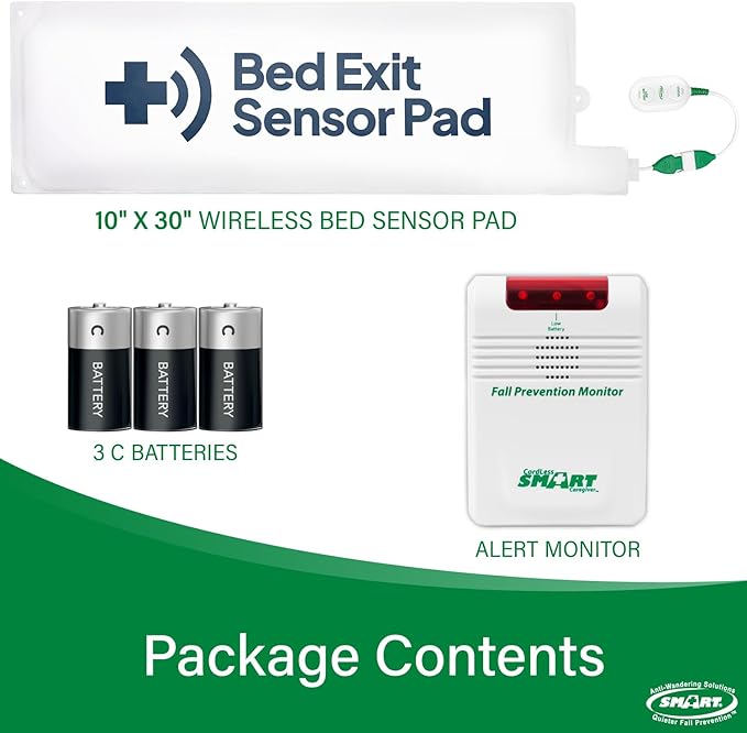 Smart Caregiver Wireless Bed Pad Alarm System with Weight Sensor Pad for Fall Prevention | 10" x 30" Alarm Pad for Bed Alerts Medical Caregiver | Cordless Bed Alarm with Up to 300' Range