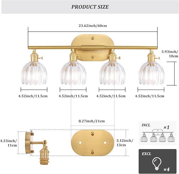Shenmoyl Bathroom Light Fixtures, 4-Light Brass Vanity Wall Light Over Mirror with Clear Tulip Glass Shade for Bedroom Living Room (Bulb Not Included)