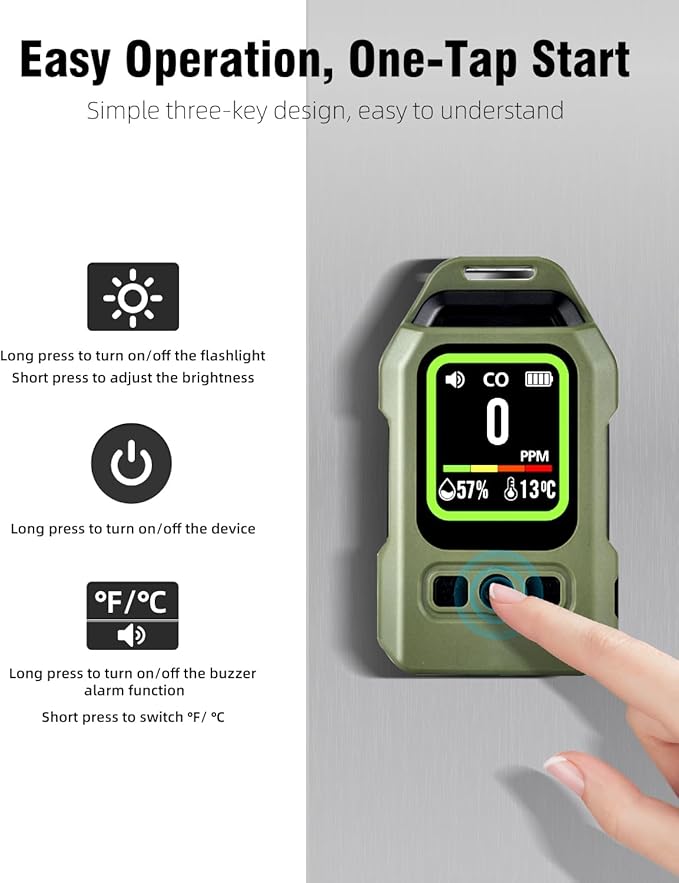 3-in-1 Portable Carbon Monoxide Detector.Visual Alarm for Camping,Travel,RV.More Than 300H Standby . Equipped With a Flashlight, Magnetic Back and Hook.Featuring CO, Temperature and Humidity Sensors