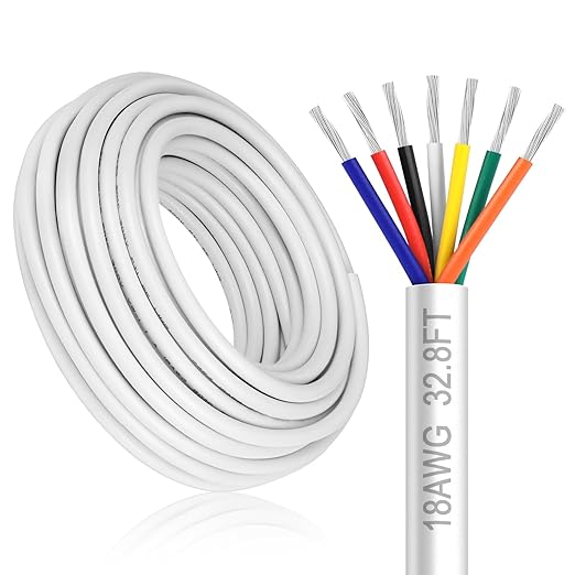 18 Gauge 7 Conductor Electrical Wire, 32.8FT White Stranded Low Voltage 18/7 PVC Case, 18 AWG Tinned Copper 7 Wire Extension Power for Strips LED Lamp Lighting