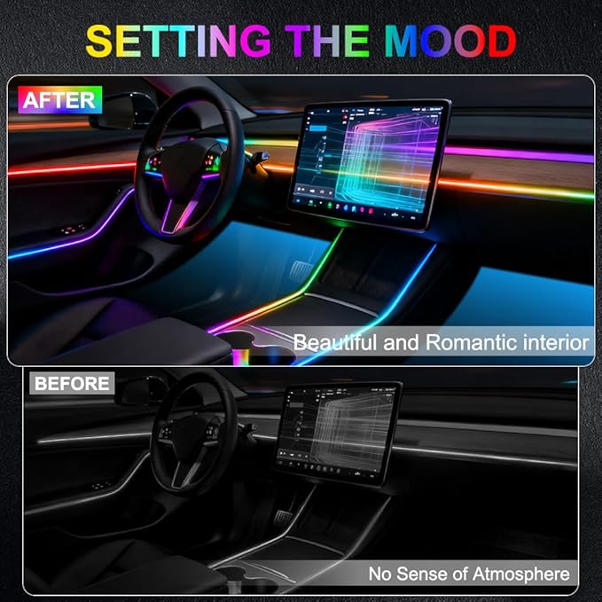 Acrylic Interior Car Ambient Lighting, Interior RGB LED Strip Kit with Music Sync Mode, 55 Inch Length Suitable for Pickup, Trucks, SUV and Large Vehicles (18 in 1)