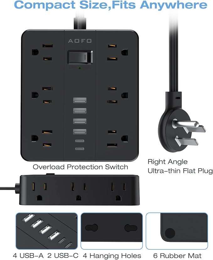 AOFO 10FT Surge Protector Power Strip,12 AC Outlets with 6 USB Ports (2 USB-C), Flat Plug Extension Cord with Multiple Outlets, Wall Mount for Home Office,Dorm,Black