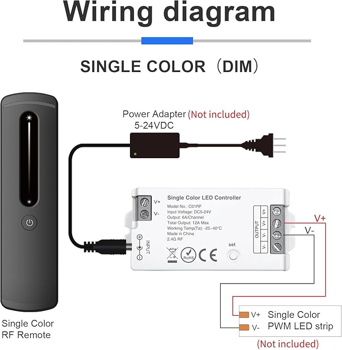 2.4GHz RF Single Color LED Strip Controller Remote Kit, Wireless Remote & Tuya Controller Dimmer with Group Control Adjust Brightness Touch Slide for PWM 2Pin COB LED Strip Light DC5V DC12V DC24V
