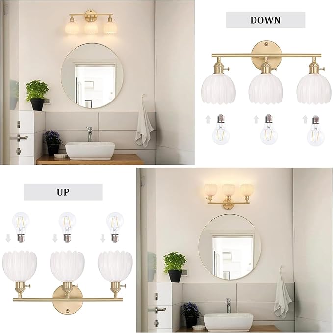 Shenmoyl Bathroom Light Fixtures, 3-Light Brass Vanity Wall Light Over Mirror with White Tulip Glass Shade for Bedroom Living Room (Bulb Not Included)